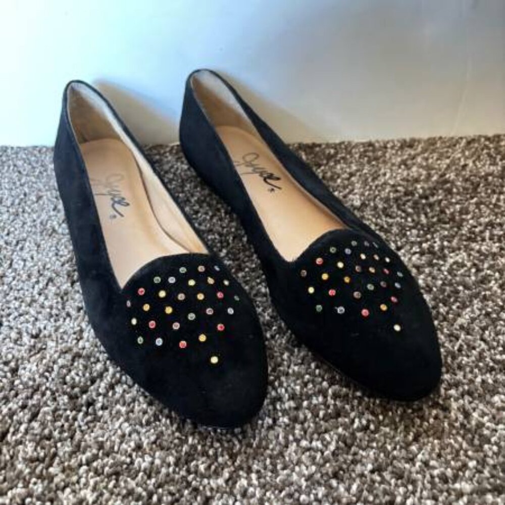 Joyce Black Suede Ballet Flats with Jewel Embellished Beads on Toe Size 7.5